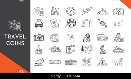 Collection de pièces de voyage. Aventure de planification de vacances. Symboles de contour du tourisme mondial. Boutons Web prêts à l'emploi. Icônes de voyage minimalistes. Illustration de Vecteur