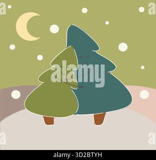 paisible nuit enneigée dans un paysage boisé, bois d'hiver calme avec lune incandescente Illustration de Vecteur