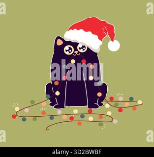 chat noir portant un chapeau de père noël, perché au milieu de guirlandes multicolores, curieux yeux larges Illustration de Vecteur