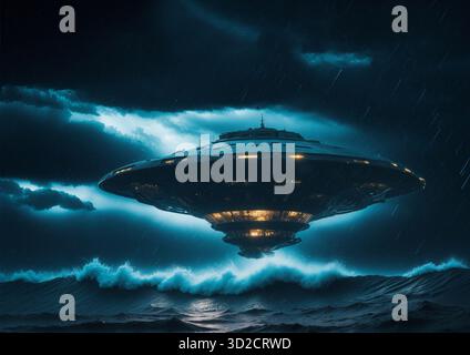 Illustration d'un phénomène aérien non identifié (PAN) planant au-dessus de l'océan. Banque D'Images