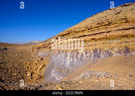 Couches rocheuses exposées dans une mine. Les couches sont les suivantes : formation d'Ardon : calcaire brun et Marlstone exposés au sommet de la paroi de la mine, avec des couches intermédiaires d'argile verte et chocolat et des restes de sols fossilisés. Formation de Mish'hor (argile silex) : couches d'argile marbrée violettes et blanches au fond du mur. Formation de Mohila : exposée au sud du sentier. Calcaire brun foncé sous la formation Mish'hor. Banque D'Images