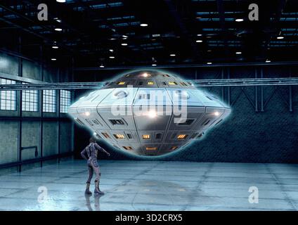 Illustration d'un phénomène aérien non identifié (PAN) et d'un pilote à l'intérieur d'un hangar. Banque D'Images