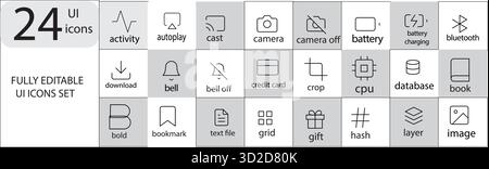 Professional 24 icônes UI bundle au format vectoriel, conçu pour les interfaces web, d'application et de logiciel modernes. Ces icônes sont Perpect pour les concepteurs UI/UX. Illustration de Vecteur