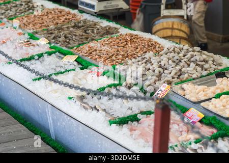 Assortiment de fruits de mer, dont des crevettes, du poisson et des pétoncles exposés sur glace dans un marché de fruits de mer. Banque D'Images