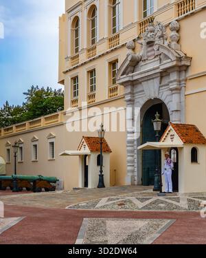 28.08.2025 Monaco.L'entrée principale du Palais Princier de Monaco avec une garde de cérémonie, des canons et une élégante façade Renaissance beige. Banque D'Images