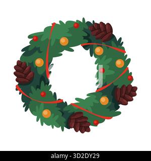 Couronne de Noël ou décoration de porte de Noël. Cercle en pin, épicéa ou gui avec guirlande. Bague de vacances d'hiver ou festive saisonnière. Décoration pour la maison, ornement de feuillage pour la maison. Signe du nouvel an Illustration de Vecteur