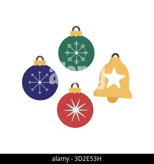 Quatre décorations festives comprenant des boules bleues, vertes et rouges avec des motifs de flocon de neige et une cloche jaune. Idéal pour un design saisonnier et des motifs de Noël. Illustration de Vecteur