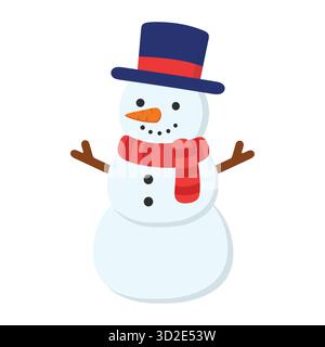 Bonhomme de neige de dessin animé fait de trois boules de neige, portant une écharpe à rayures rouges et un chapeau haut de gamme bleu. Comprend des bras de bâton, des boutons de charbon et un nez de carotte. Idéal pour w Illustration de Vecteur