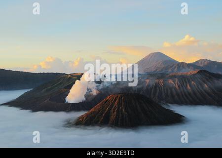 Assistez au lever de soleil à couper le souffle sur les pics volcaniques du mont bromo, l'un des Java oriental, les merveilles naturelles les plus emblématiques et les plus impressionnantes d'Indonésie. Banque D'Images