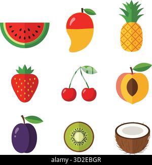 Ensemble d'icônes de fruits d'été de conception plate : collection d'aliments tropicaux et sains Illustration de Vecteur