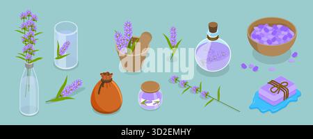 Ensemble plat isométrique 3D de lavanders produits, fleurs et cosmétiques ensemble plat isométrique 3D de lavanders produits, fleurs et cosmétiques Banque D'Images