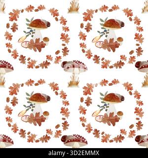 Champignons, escargot, boussole, feuilles de chêne, glands, et les baies dans la couronne d'automne rustique sur blanc. Motif aquarelle confortable sans couture. Design boisé parfait Banque D'Images