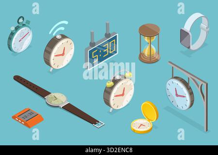 Ensemble plat isométrique 3D d'horloges, Vintage, classique et contemporain Banque D'Images