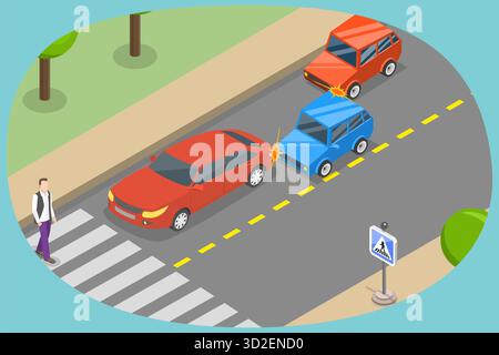 Illustration conceptuelle plate isométrique 3D d'accident de la route, collision de voiture illustration conceptuelle plate isométrique 3D d'accident de la route, collision de voiture Banque D'Images