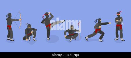 3D Isomtric Flat Set of Ninja Warriors, Fighting poses 3D Isomtric Flat Set of Ninja Warriors, Fighting poses Banque D'Images