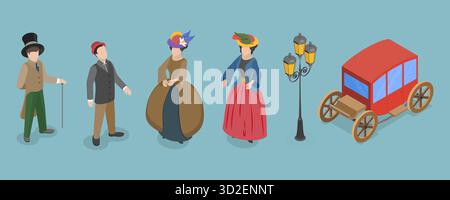 Ensemble plat isométrique 3D de personnages et d'objets de la période victorienne, Mesdames et messieurs européennes du 19ème siècle ensemble plat isométrique 3D de personnages et d'objets de la période victorienne, Mesdames et messieurs européennes du 19ème siècle Banque D'Images