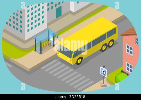 3D Isométrique plat illustration conceptuelle de l'arrêt de transport public, urbain navettage par bus 3D Isométrique plat illustration conceptuelle de l'arrêt de transport public, urbain navettage par bus Banque D'Images