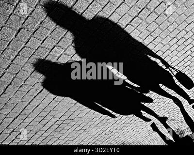 Les ombres de deux personnes marchant sur un trottoir pavé, capturées en noir et blanc avec une vue en grand angle. Banque D'Images