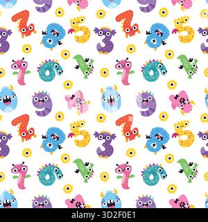 Motif sans couture de police Monster. Numéros de dessins animés répétés, personnages drôles effrayants, enfants comptent l'apprentissage, textile d'éducation, papier d'emballage, papier peint Illustration de Vecteur