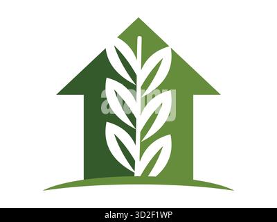 Icône moderne de maison de feuilles alliant nature et architecture. Parfait pour la maison écologique, la vie biologique, le logement durable et la conception de logo de bâtiment vert dans Illustration de Vecteur