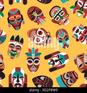 Masques africains sans couture motif. Éléments rituels, objets décoratifs traditionnels, ornements ethniques, objets en bois. Décor textile, papier d'emballage, wallpa Illustration de Vecteur