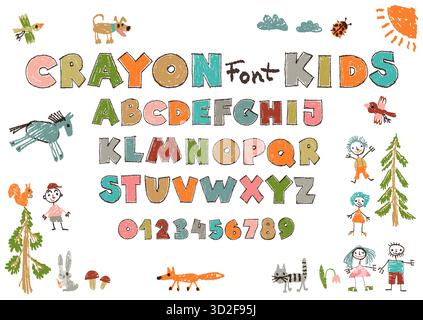 Police crayon enfants. Alphabet enfantin de couleur, dessins au crayon, mignon doodle abc, éléments drôles dessinés à la main, lettres et chiffres design, écrit à la main Illustration de Vecteur