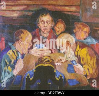 Aksel Waldemar Johannessen - les joueurs de cartes - 1918 - représente un groupe de cinq personnes rassemblées autour d'une table en bois, engagées dans un jeu de cartes. La scène est caractérisée par une atmosphère intense et animée, avec des figures montrant une gamme d'expressions, de la concentration profonde aux réactions animées. La peinture utilise un style expressionniste avec des couleurs vives et une composition dynamique. Banque D'Images
