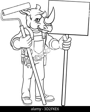 Rhino Painter Decorator Paint Roller Mascot Homme Illustration de Vecteur