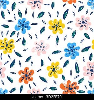 Motif sans couture de vecteur de fleur de pinceau. Illustration à l'encre botanique dessinée à la main avec motif floral. Camomille ou Marguerite peinte au pinceau. Dessiné à la main Illustration de Vecteur