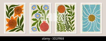 Ensemble de tirages muraux vintage à la mode avec des fleurs, des feuilles, des formes. Illustrations esthétiques modernes. Style bohémien Collection artistique contemporaine Illustration de Vecteur