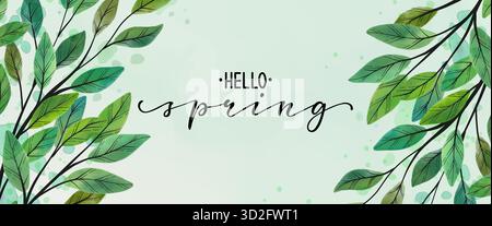 Hello Spring text. Fond de feuilles vert d'art abstrait. dessinez à la main un contour vert et blanc des feuilles et des coups de pinceau. Arrière-plan vectoriel Illustration de Vecteur