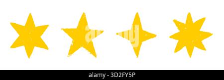 Ensemble d'étoiles de dessin à la craie d'or. Collection Doodle Shine or Sparkle. Les enfants style crayon de cire jaune dessinant des éléments de ciel nocturne. Illustration de Vecteur