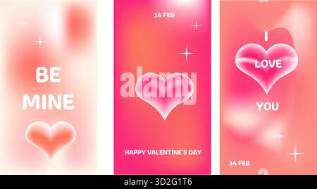 Ensemble de fonds vectoriels Happy Valentines Day, conception de couverture romantique y2k dans un style minimal à la mode. Couvertures d'amour modernes roses avec des étincelles, des formes de coeur 3D. Illustration de Vecteur