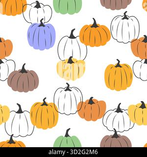 Modèle vectoriel sans couture avec des citrouilles colorées dessinées à la main. Parfait pour Thanksgiving, imprimé Halloween Illustration de Vecteur