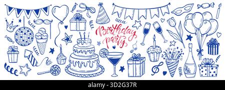 grand ensemble d'objets de dessin animé doodle dessinés à la main et de symboles sur la fête d'anniversaire. concevoir la carte de voeux de vacances et invitation de mariage, fête des mères Illustration de Vecteur