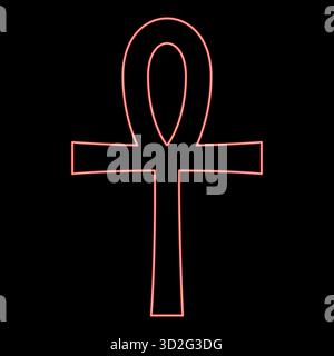 Néon croix copte Ankh symbole religieux égyptien antique couleur rouge illustration vectorielle image plat style lumière Illustration de Vecteur