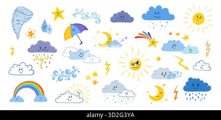 Mignons éléments météorologiques dessinés à la main avec des soleils, lunes, arcs-en-ciel, nuages, gouttes de pluie, et des étoiles dans un style enfantin. ensemble mignon de dessin animé. Caractère météo Illustration de Vecteur