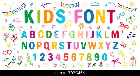 Police crayon enfants, Doodle drôle alphabet ludique. Numéros dactylographiés par enfant de gribouillage dessinés à la main. École crayon de cire abc mignon maternelle écriture Playf Illustration de Vecteur