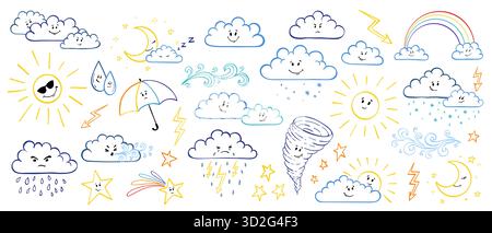 Mignons éléments météorologiques dessinés à la main avec des soleils, lunes, arcs-en-ciel, nuages, gouttes de pluie, et des étoiles dans un style enfantin. ensemble mignon de dessin animé. Caractère météo Illustration de Vecteur