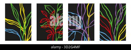 Ensemble de murs imprime des fleurs, des feuilles, des lignes sur fond noir. Illustrations esthétiques modernes. Style bohème Illustration de Vecteur