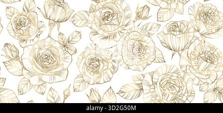 Fond de luxe avec des fleurs de roses vintage, des bourgeons et des feuilles sans couture. Fleurs de roses dorées élégantes botaniques dessinées à la main dans un style artistique au trait Illustration de Vecteur