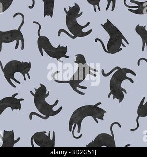 Motif de silhouettes de chat noir mignon sans couture. Illustration vectorielle d'aquarelle. Imprimé Halloween Illustration de Vecteur