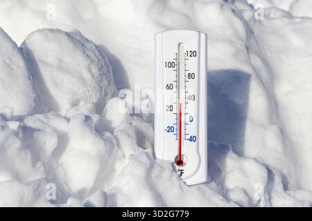 Thermomètre indiquant une température froide glaciale dans la neige. Avertissement météo hivernal, refroidissement éolien et températures de gel concept. Banque D'Images
