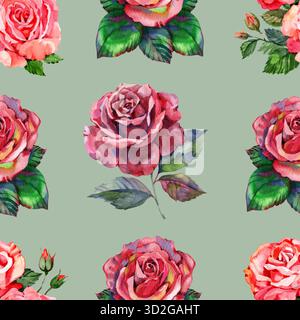 Motif aquarelle sans couture avec des roses roses roses et rouges, design floral peint à la main, fond botanique élégant pour le tissu, le papier d'emballage et le vintage Banque D'Images