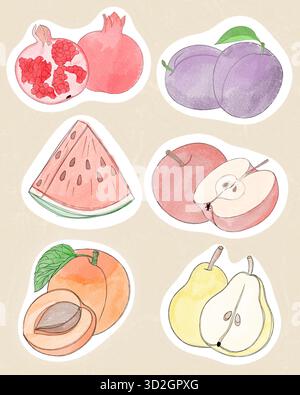 Soft Pastel Fruit Clipart Set: Botanical Watercolor Illustrations. A gentle graphic set perfect for health, organic, and kitchen-themed projects. Banque D'Images