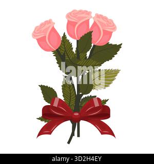 Un bouquet de roses rose clair noué avec un ruban rouge. Un ensemble de trois fleurs élégantes. Illustration vectorielle activée Illustration de Vecteur