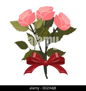 Un bouquet de roses rose clair noué avec un ruban rouge. Un ensemble de trois fleurs. Illustration vectorielle sur un Illustration de Vecteur