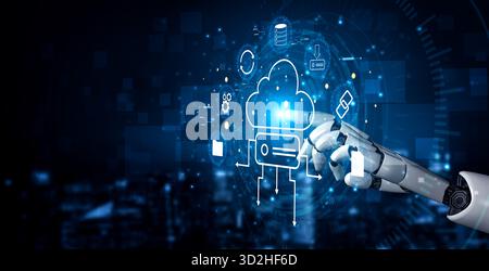 Un écosystème de stockage cloud et de synchronisation des données géré par l'IA. Un concept de cloud computing intelligent pour le stockage, la sauvegarde et le partage de fichiers. Motif Banque D'Images
