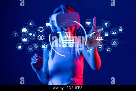 Une femme portant la technologie VR interagit avec des icônes futuristes représentant le rôle de l'IA générative dans l'amélioration du marketing en ligne et des expériences d'achat f Banque D'Images