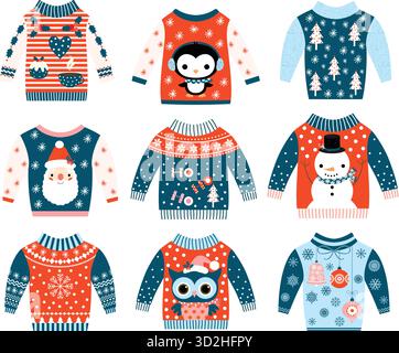 Einter et Cristmas vecteur laid et mignon pulls dans le style plat dans les couleurs bleues et rouges avec hibou Illustration de Vecteur